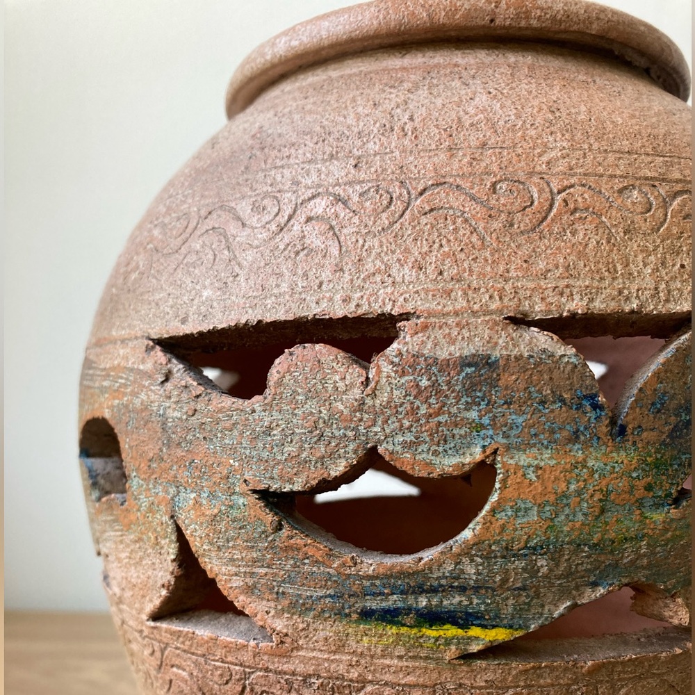 studio pottery rustic carved vase vessel stoneware vintage bohemian boho brown - Picture 2 of 9